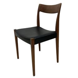 Yngve Ekström for Troeds - set of six mid-20th century teak Swedish 'Kontiki' dining chairs, carved cresting rail over black vinyl upholstered seat, on square tapering supports