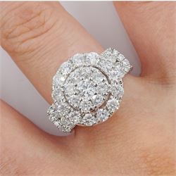 White gold round brilliant cut diamond cluster ring, with diamond set shoulders stamped 14KT,  diamond cluster ring total diamond weight approx 2.00 carat