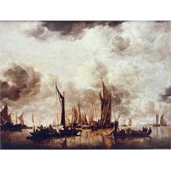 After Jan van de Cappelle (Dutch 1623-1679): 'Shipping Scene with Dutch Yacht FIring a Salute', oleograph on board 27cm x 36cm
