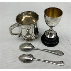 Silver christening mug with loop handle and lappet base engraved with initials H8cm Birmingham 1929, two silver teaspoons and a small silver challenge cup 8oz (4)