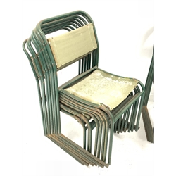 Set eighteen 20th century stacking chairs, green painted metal frames, canvas seat and backs, W46cm