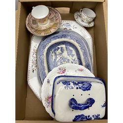 Spode meat plate retailed by Waring & Gillow, two willow pattern plates, 19th century trio etc