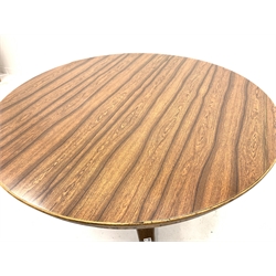 19th century rosewood centre table, with circular top covered in Formica, raised on turned pedestal and platform base, D140cm  