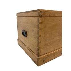 19th century waxed pine blanket box, on skirted base with metal carrying handles