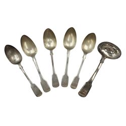 Pair of Victorian silver fiddle pattern dessert spoons Exeter 1860 Maker Josiah Williams & Co, another pair of Victorian dessert spoons, single spoon and a George IV fiddle pattern sauce ladle London 1820 Maker William Bateman I (6)