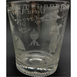 Mid 19th Century Masonic glass tumbler engraved with Masonic symbols and inscribed 'Ts and Anne Gregory' and 'Independent Order of Oddfellows' indistinctly dated H10cm and an 18th Century green glass bottle