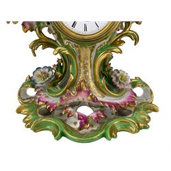 Henry Marc of Paris - early 19th century 8-day French mantle clock c1820, in a porcelain rocaille scroll design case encrusted with flowers and gilt leaf ornament, enamel dial with makers name, Roman numerals, trefoil steel hands within a gilt bezel, countwheel striking movement and silk suspension, striking the hours and half hours on a bell.