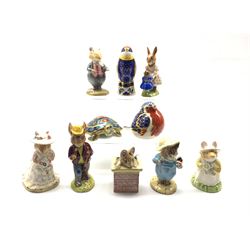 Two Beswick Beatrix Potter figures 'Tom Kitten and Butterfly' and 'Tom Thumb', brown backstamps, three Doulton Brambly Hedge figures, two Bunnykins figures and three Royal Crown Derby paperweights 'Terrapin', 'Robin' and 'Bee Eater'