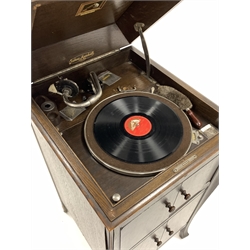 HMV oak cased table gramophone, stamped 'Joshua Marshall and Co' W46cm, H100cm together with a quantity of 78 records, 