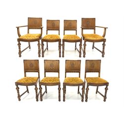 Set eight (6+2) oak dining chairs, the panelled concave back rest carved with Yorkshire rose, drop in floral upholstered seat pads, raised on turned front supports W61cm