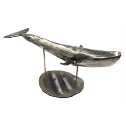 Modern silver model of a Blue Whale on agate slice stand, hallmarked Jon Braganza, London 2023, with Charles III coronation mark, L27.5cm, stand L12.5cm, H12cm overall