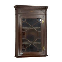 19th century inlaid mahogany wall hanging corner cabinet, the dental cornice over glazed door of astragal design