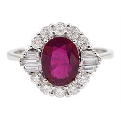 18ct white gold oval ruby, round and tapered baguette diamond ring, stamped 750, ruby 1.86 carat, total diamond weight 0.49 carat, with World Gemological Institute Report