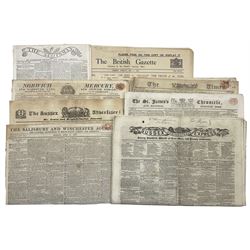 Collection of mainly 19th century newspapers including Yorkshire Gazette 1821, two copies of The Times 1814, Sussex Express 1853, St James's Chronicle 1830, The Scotsman 1829 and others