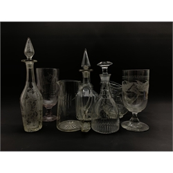 19th century Prussian form decanter with facet cut three ring neck, petal cut shoulder and comb cut base, mushroom stopper, engraved with the initials F.D within a circular cartouche, H26.5cm, a faceted glass decanter with spire shaped stopper, two etched glass celery vases on pedestal bases, Edwardian decanter with grape vine etched decoration and two glass jugs (7)