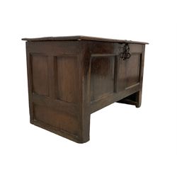 18th century oak coffer or chest, rectangular hinged lid with moulded edge, the front and sides panelled, raised on panelled stile end supports