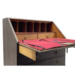George III small scumbled pine bureau, the fall-front supported by two pull-out stays, revealing fitted interior with six pigeonholes with arched tops over two drawers, the main section fitted with three graduating drawers, raised on bracket feet