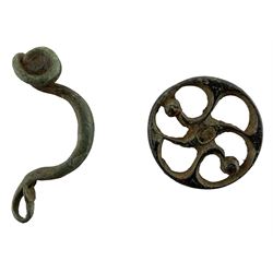 Iron Age copper alloy Triskele fob pendant, circular with openwork Celtic spiral design, central indent and two pellet knops, circa 150 BC - 100 AD; Iron Age copper alloy La Tene I or III arched bow brooch, complete with looped finial and coil, circa 400-100 BC (2)