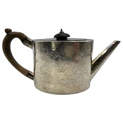 George III silver bachelors teapot, with carved c-scroll handle and thumbpiece, the body and hinged cover engraved with prickwork borders, scrolling foliage and family crest, by Samuel Wood, London 1779 