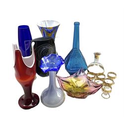 Collection of Murano and art glass including a blue/brown glass vase in the style of Moretti H36cm, glass liqueur set with gilt bandings, boxed, heavy glass centrepiece, four other glass vases and a large blue glass bottle vase with figural design (8)