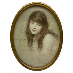 Gustave Brisgand (French 1867-1944): Portrait of Young Girl, early 20th century limited edition oval lithograph overpainted with pastel signed and numbered 24/300 together with 'The Parsons Daughter' circular print after George Romney max 26cm x 20cm (2)