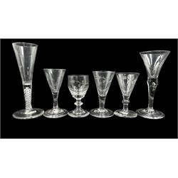 18th century ale glass with flared conical bowl and teardrop stem on circular folded foot H16.5cm, 18th century style ale glass with opaque twist stem, three 18th century wine glasses each engraved with Jacobite style rose on a thorny stem, and  another wine glass (6)