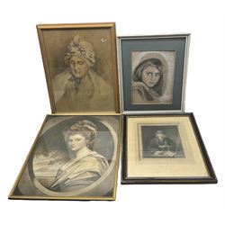 Edith Hanson (British 19th Century): ‘Portrait of Alice Jacobina Hanson (nee. Wood)’ watercolour signed; ‘Afghan Girl’ charcoal sketch; ‘The Miser’ inscribed by B Granger; after George Romney (British 1734-1802) ‘Lady Craven’ engraving with hand colouring, max 59cm x 46cm (4)