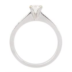 18ct white gold single stone round brilliant cut diamond ring, with diamond set shoulders, stamped 750, principal diamond 0.53 carat, diamond colour D, clarity VVS2, with GIA report