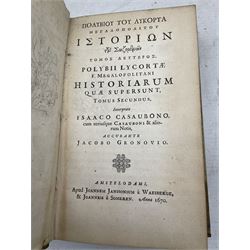 Polybius-Historiarum qui Supersunt, text in Greek and Latin published Amsterdam ex officina Johannis Jansonii a Waesberge and Johannis van Someron, volume II only 1670 in vellum boards and another vellum bound book inscribed in pencil 'John Barclay 1664' Satyricon