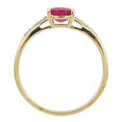 9ct gold single stone oval ruby ring, with cubic zirconia set shoulders, hallmarked 