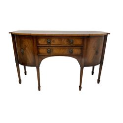 20th century mahogany cross banded sideboard, the serpentine top over two drawers, flanked by two cupboards, raised on square tapering supports and peg feet W153m, H92cm, D62cm 