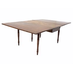 Large early Victorian quadruple swing leg double drop leaf table, the rectangular top raised on five ring turned supports 193cm x 127cm, H74cm