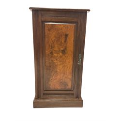 Early 20th century oak bedside cupboard, single fielded figured oak panelled door enclosing shelf, raised on plinth base 