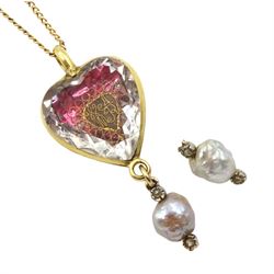 19th/20th century gold heart crystal pendant, with earlier Stuart period interior composite, with two natural pearl and diamond pendants, on gold chain necklace 