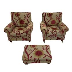 Duresta - pair of armchairs upholstered in embossed floral fabric, raised on turned supports with brass castors, together with stool of similar design