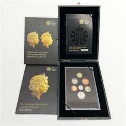 The Royal Mint United Kingdom 2008 Royal Shield of Arms proof coin collection, cased with certificate, 'The Fourth Circulating Coinage Portrait Final Edition' and 'The Forth And Fifth Circulating Coinage Portrait Collection', housed in card folders (3)