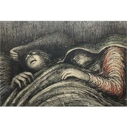 Henry Moore (British 1898-1986): 'Pink and Green Sleepers', mid 20th century lithograph signed and dated 1941 in the plate 37cm x 55cm
Notes: This picture was part of Moore's 'Shelter Drawings', which focussed on the people sheltering in the underground during the Blitz and cemented his rise to fame. 