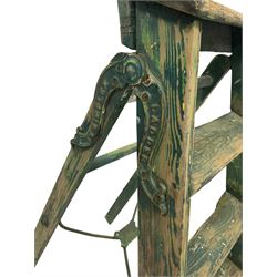 Simplex - early 20th century painted pine library or shop step ladder, five tread, with cast iron stop mechanism and hinges, stamped with maker, patent number 6556, in teal finish (W40cm H100cm); and another similar and later (W37cm H105cm)