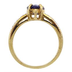 9ct gold pear shaped tanzanite ring, with diamond set shoulders, hallmarked