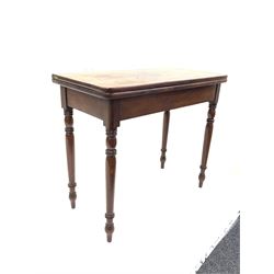 Georgian style mahogany fold over tea table, rectangular top raised on turned supports W88cm H74cm, D42cm
