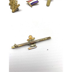9ct gold and blue enamel brooch for XIII-XVIII Royal Hussars , four other Hussars brooches and clips, Tank Corp enamel brooch, other brooches and a World War I Christian Soldiers Bakelite crucifix