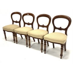  Set four Victorian walnut balloon back dining chairs, white striped linen upholstered seat raised on turned front supports, W47cm  