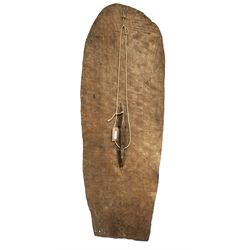 Asmat war shield, Papua New Guinea, circa 1900, carved wood and pigment, the motifs represent the flying fox (tar) and rhombic shapes, with an integral handle to the reverse, L170cm x W59cm 