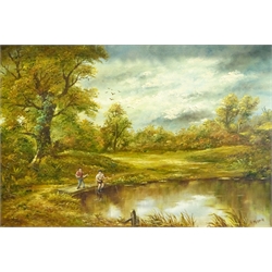 G Millhouse (British 20th century): 'Boy Fishing', oil on canvas signed, titled and dated April 1986 verso 49cm x 75cm