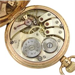 Early 20th century 9ct gold half hunter keyless Swiss lever pocket watch, movement signed Buren, white enamel dial with Roman numerals, case by Dennison, Birmingham 1929