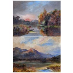 Lilian E Veaco (British 20th century): 'Days Departing Glory' and Bassenthwaite Lake', pair oils on board signed, titled on the mounts 21cm x 28cm (2)