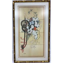 Large oriental framed print in gilt bamboo woven frame 88cm x 45cm