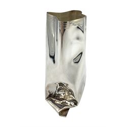 Novelty silver vase by Rebecca Joselyn modelled as a crumpled bag H8cm, hallmarked Sheffield 2013. Rebecca Joselyn studied at Sheffield Hallam University and graduated in 2006. She has won numerous awards for her 'From the Shed' and 'Packaging' collections 