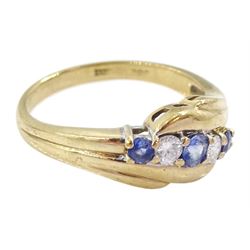 9ct gold five stone round brilliant cut diamond and sapphire crossover ring