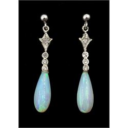 Pair of silver opal pendant earrings, stamped 925
